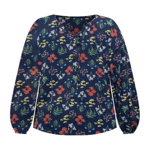 ELOQUII‎ Elements Blue Floral Long Balloon Sleeve Blouse - Picture 2 of 9